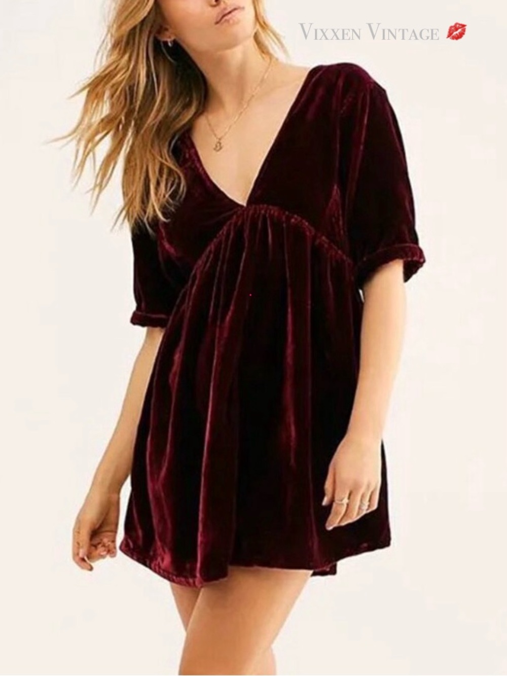 FREE PEOPLE ‘IVY VELVET MINI BABYDOLL DRESS’ IN RED